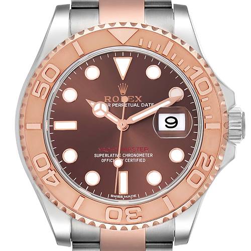 The Rolex Yacht-Master watch is shown from the front, highlighting the bezel, dial, and bracelet.