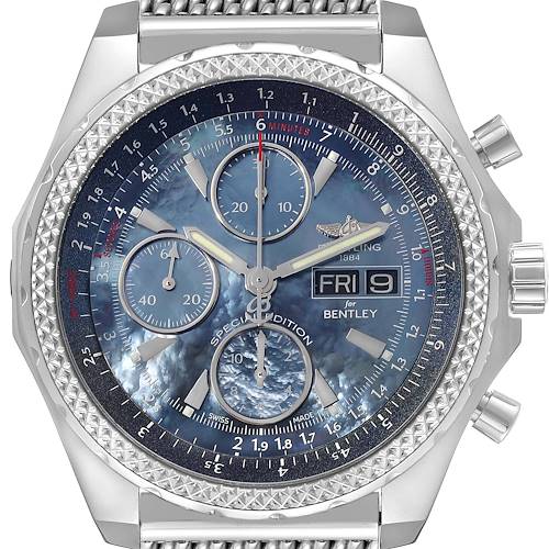 The image shows a Bentley model by Breitling from a straight-on angle, displaying the dial, subdials, bezel, and crown.