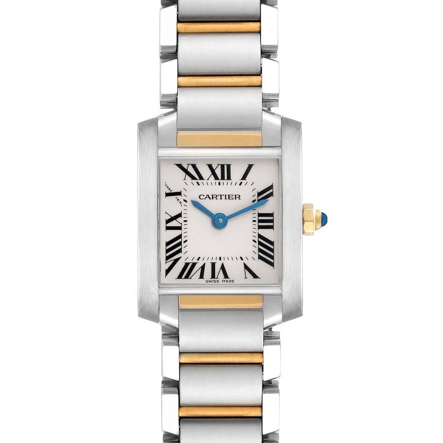 The Cartier Tank Francaise watch is shown from a frontal angle, highlighting its face, dual-tone bracelet, and crown with a blue cabochon.