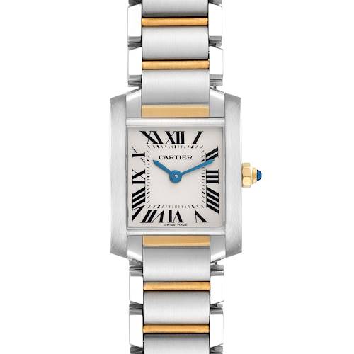 The Cartier Tank Francaise watch is shown from a front angle, highlighting the face, roman numerals, and metal bracelet.
