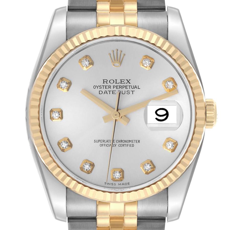 The Rolex Datejust watch is shown from a top-down angle, displaying its face, bezel, and part of the bracelet.
