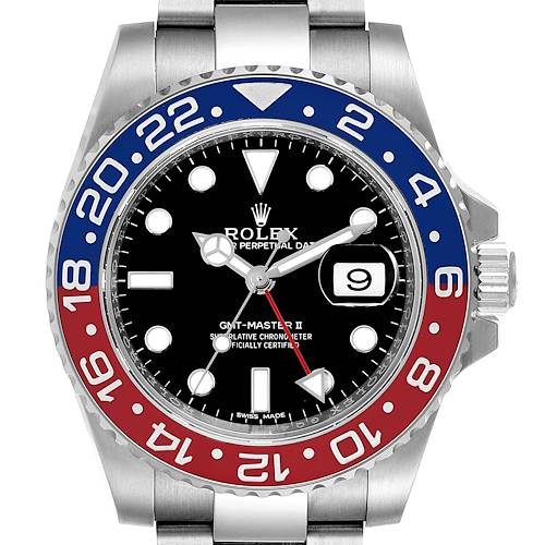 The image shows a frontal view of a Rolex GMT-Master II watch, displaying the black dial, "Pepsi" colored bezel, date window, and crown.