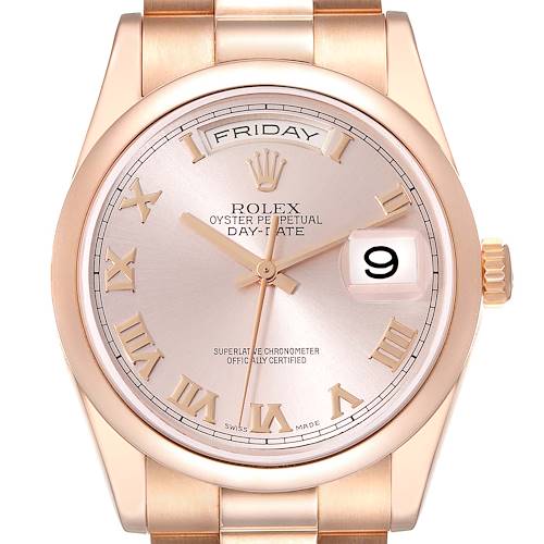 The image shows a front view of a Rolex President Day-Date watch, displaying its dial, hands, day, and date features.