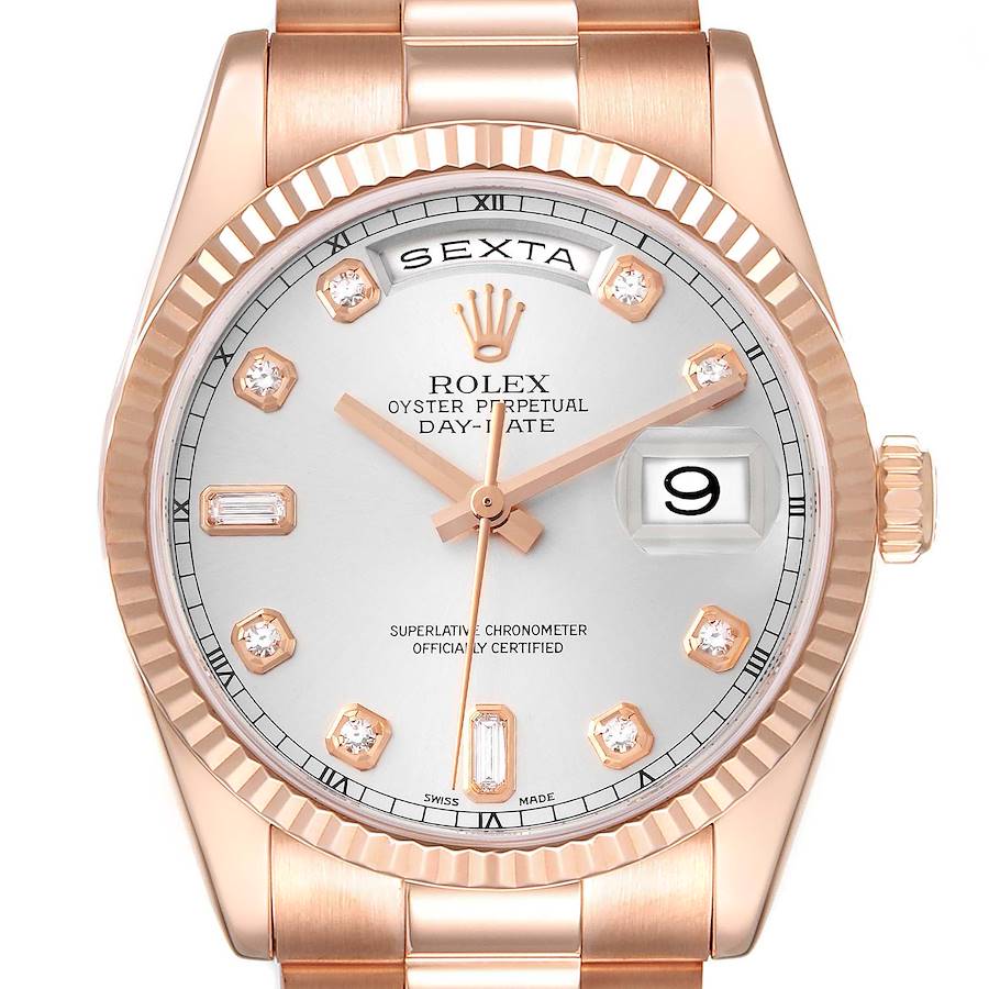 This image shows a frontal view of a Rolex President model watch, highlighting its face, bezel, and part of the bracelet.