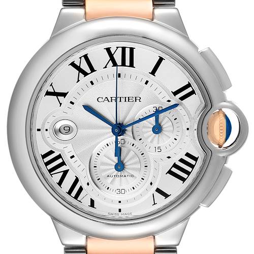 The image shows a front view of the Cartier Ballon Bleu watch, highlighting its dial, Roman numerals, and blue hands.