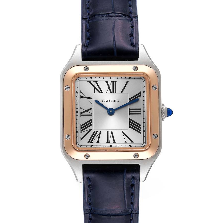 The image shows a frontal view of the Cartier Santos model watch, including its dial, case, and strap.