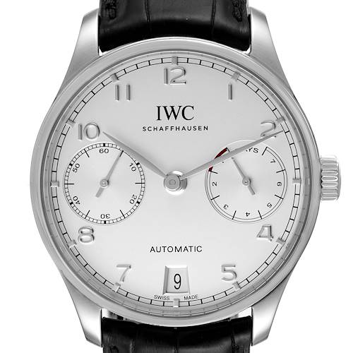 The image shows a front view of the IWC Portuguese model watch, featuring its dial, hands, and numerals.