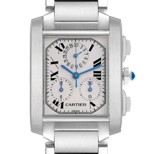 The Cartier Tank Française watch is shown from a front angle, highlighting the face with blue hands, Roman numerals, and two subdials.