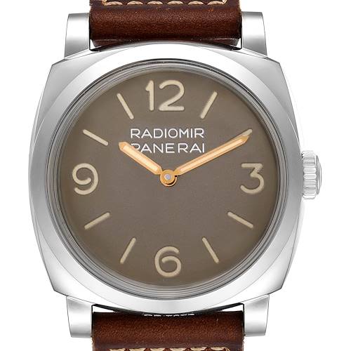 The image shows a front angle view of the Panerai Radiomir watch, highlighting the dial, case, and part of the leather strap.
