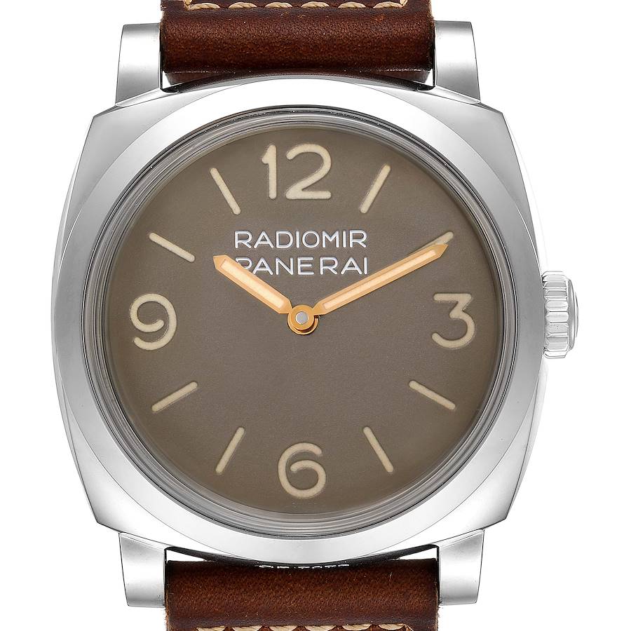 The Panerai Radiomir watch is shown from the front, featuring the dial, hands, and leather strap.