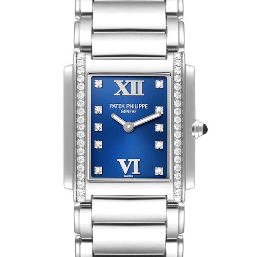 This is a front view of a Patek Philippe Twenty-4 watch featuring a blue dial and a diamond-set bezel.