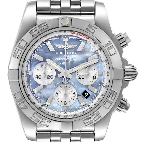 The image shows a front view of a Breitling Chronomat watch, featuring its dial, bezel, pushers, and part of the bracelet.
