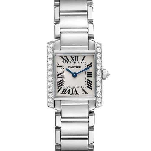 This image shows a Cartier Tank Francaise watch from a front angle, detailing its face, band, and bezel with diamonds.