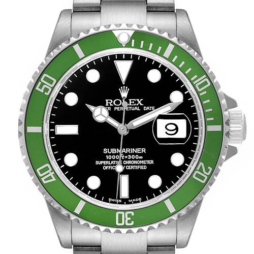 This is a front view of a Rolex Submariner watch, showing the dial, bezel, and part of the bracelet.