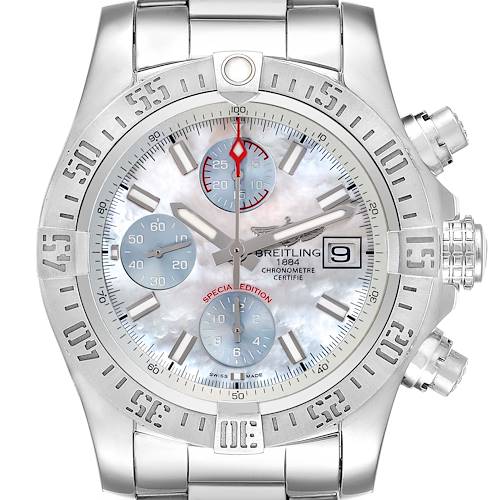 This image shows a front view of the Breitling Avenger watch, highlighting the dial, bezel, subdials, and bracelet.