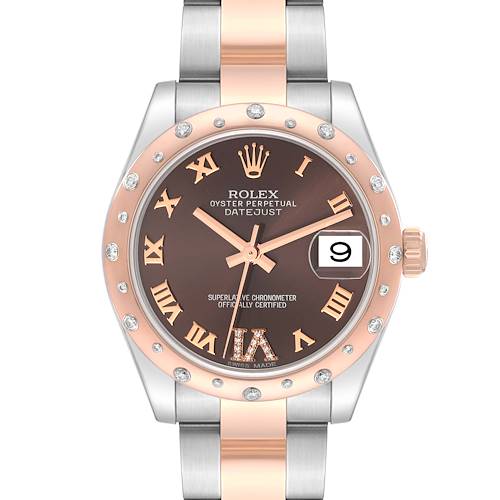 This Rolex Mid-Size watch is shown from the front, featuring a brown dial, Roman numerals, a date display, and a two-tone bracelet.