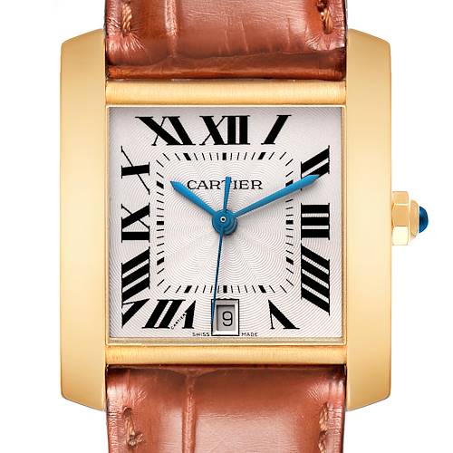 The Cartier Tank Francaise watch is shown front-facing, highlighting its square face, Roman numerals, date window, and leather strap.