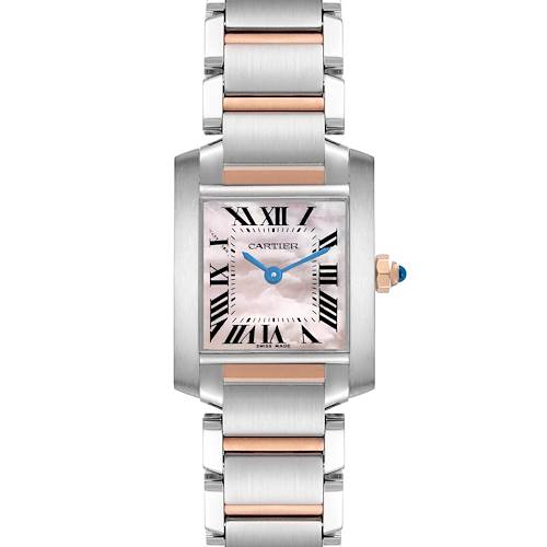The Cartier Tank Française watch is shown from the front, highlighting the face, Roman numerals, and bracelet.