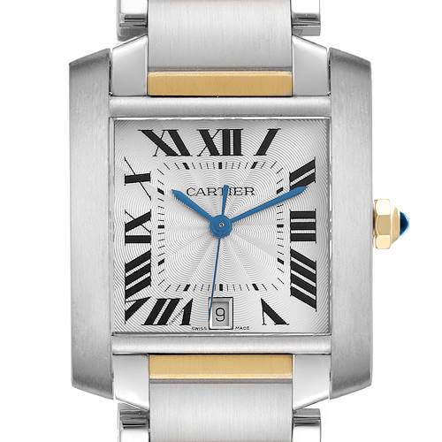 The Cartier Tank Française watch is shown from a frontal angle, highlighting its face, Roman numerals, and metal bracelet.