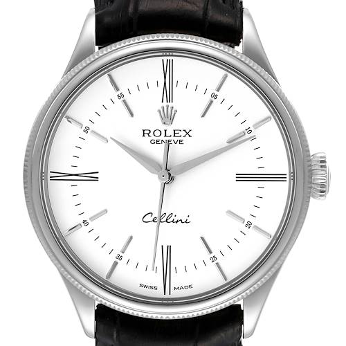 This image shows a front view of the Rolex Cellini watch, highlighting its face, hands, markers, and part of the strap and crown.