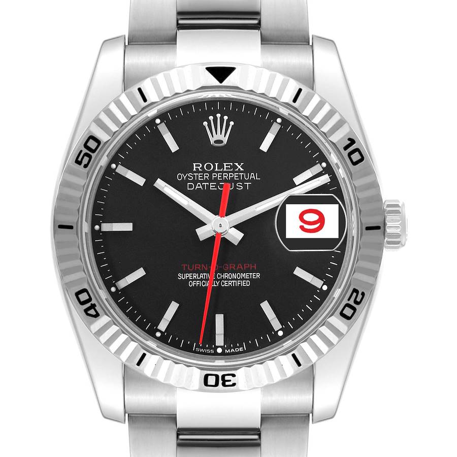 The image shows a front view of a Rolex Turn-o-Graph watch, highlighting its bezel, dial, crown, and bracelet.