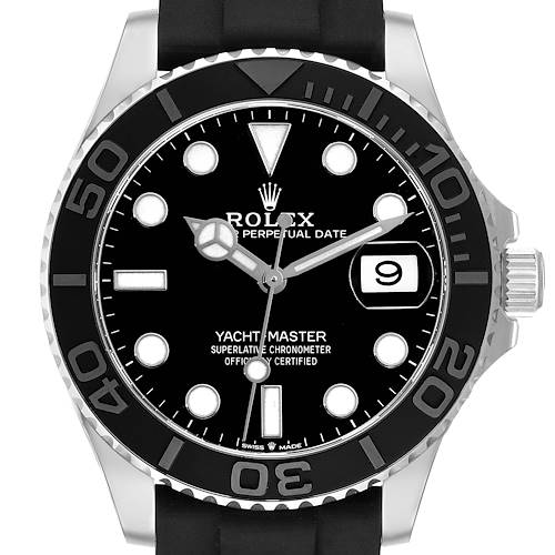 The image shows a front view of a Rolex Yacht-Master watch, highlighting its dial, bezel, and crown.
