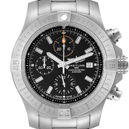 The Breitling Avenger watch is shown from a front angle, highlighting its bezel, dial, chronograph sub-dials, and pushers.
