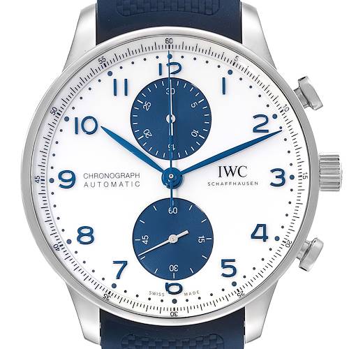 This image shows the face of an IWC Portuguese Chronograph Automatic watch from a front angle.
