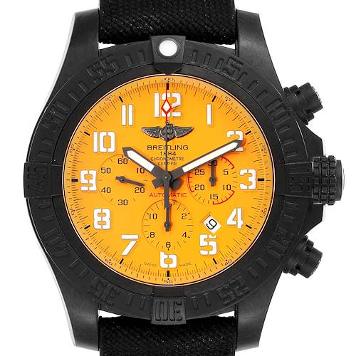 The Breitling Avenger watch is shown from a front angle, displaying its orange dial, bezel, and strap attachment.