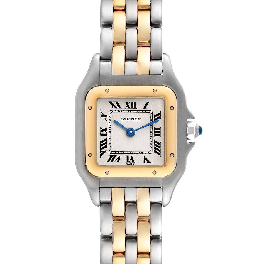 This image shows a front view of the Cartier Panthere model watch, displaying the face, bezel, and bracelet.