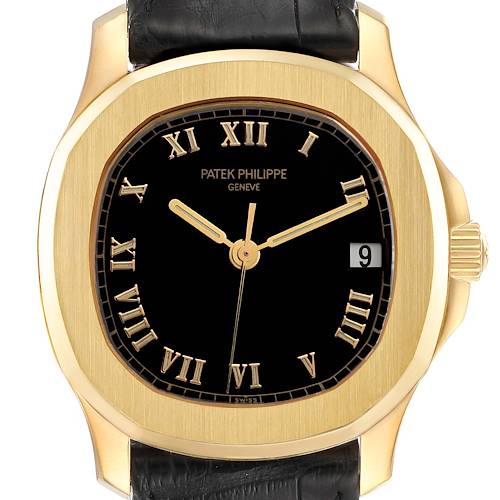 This image shows a close-up, front-facing view of the Patek Philippe Aquanaut watch, highlighting the dial, hands, and case.