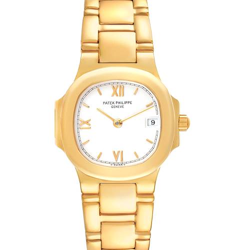 The image shows a front view of a Patek Philippe Nautilus watch, highlighting its gold bracelet and white dial.