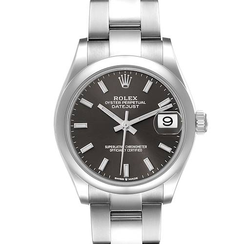 The image shows a front view of the Rolex Datejust Mid-Size watch, highlighting its dial, hands, date window, and bracelet.