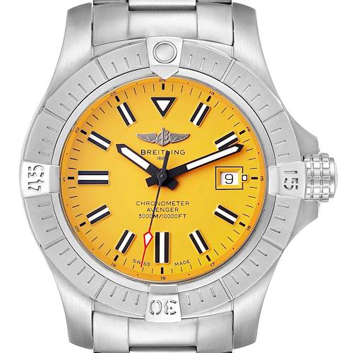 The image shows a front view of the Breitling Avenger watch, highlighting its yellow dial, bezel, bracelet, and crown.