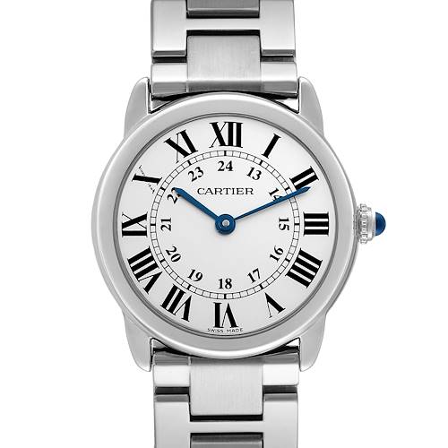 This image shows a front view of a Cartier Ronde watch, displaying the dial, bezel, and part of the metal bracelet.