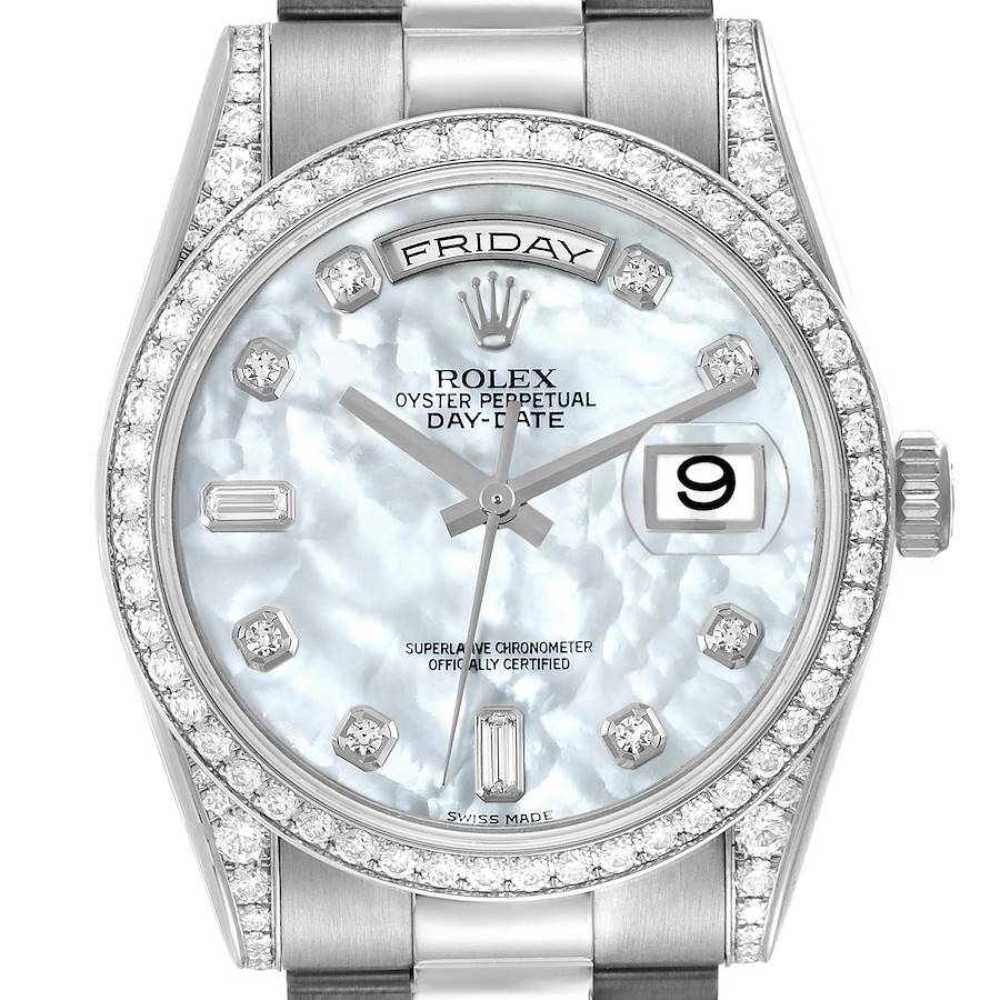 The image shows a Rolex President model watch from a front angle, highlighting its diamond bezel, dial, and bracelet.