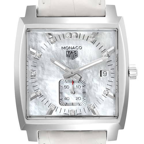 The image shows a front view of the Tag Heuer Monaco watch, displaying the face, hands, sub-dial, and crown.