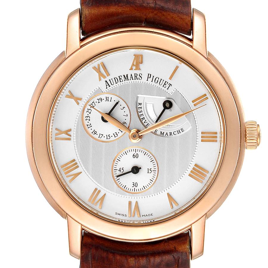 This image shows the front view of the Jules model by Audemars Piguet, featuring the dial, hands, subdials, and part of the leather strap.