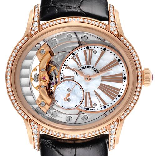 The Audemars Piguet Millenary watch is shown from a front angle, displaying its intricate dial and rose gold case with diamonds.