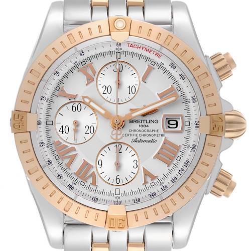 The Breitling Chronomat watch is shown from a front angle, highlighting the face, bezel, and band.