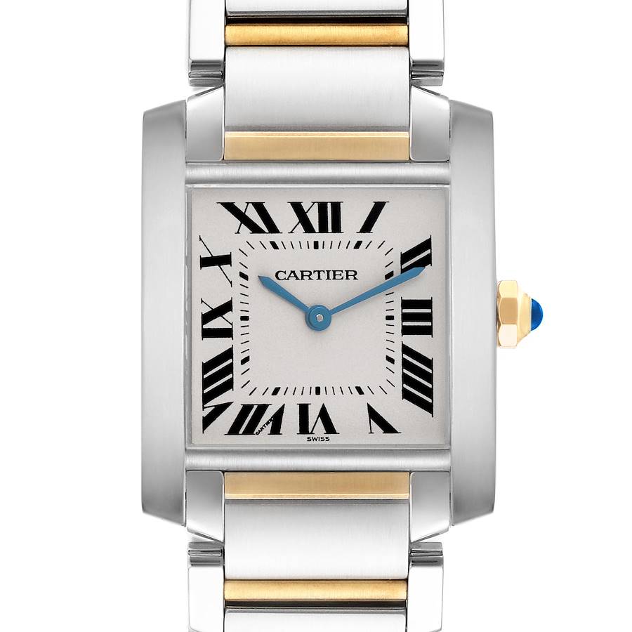 The Cartier Tank Francaise watch is shown front-on, displaying its face, Roman numerals, bracelet, and crown with a blue cabochon.