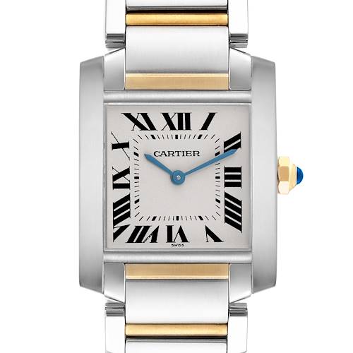 The Cartier Tank Française watch is shown from a frontal angle, displaying the face, bracelet, and crown.