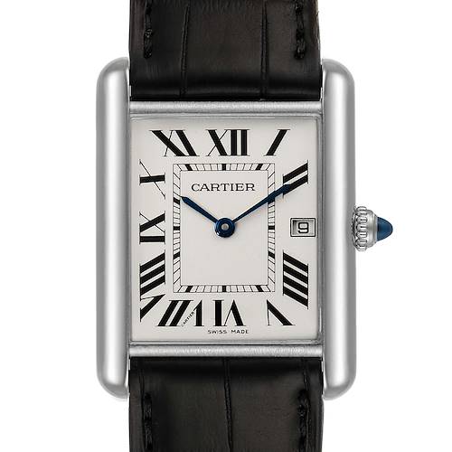 The image shows a straight-on view of the Cartier Tank Louis watch, displaying the face, Roman numerals, and part of the leather strap.