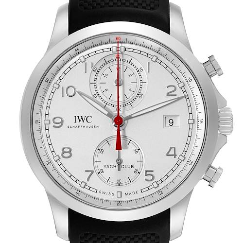 This is a front view of the IWC Portuguese Yacht Club watch showing the dial, crown, and pushers.