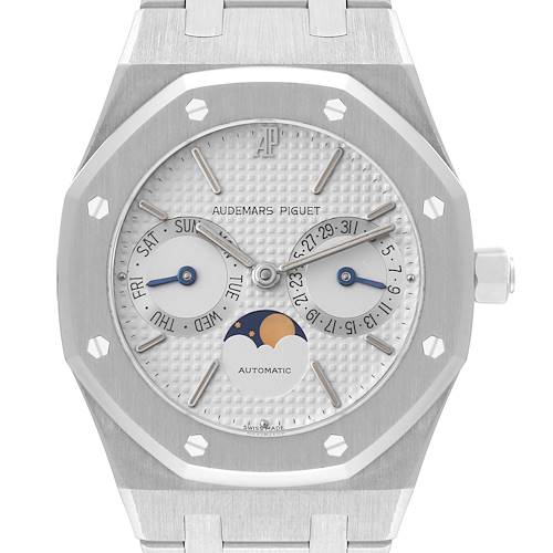 This image shows a front view of an Audemars Piguet Royal Oak watch, displaying the band, dial, and complications.