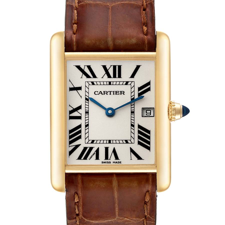 This image shows a front view of the Cartier Tank Louis watch, highlighting its rectangular dial, Roman numerals, and leather strap.