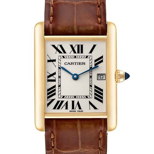 The Cartier Tank Louis watch is shown from a top-down angle, highlighting the dial, hands, crown, and part of the strap.