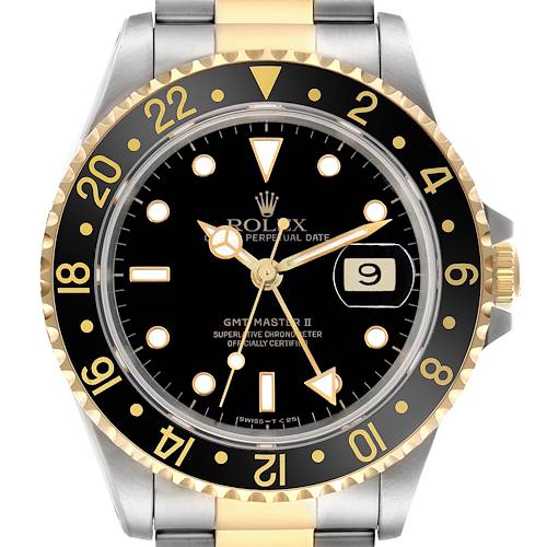 The Rolex GMT-Master watch is shown from a front angle, highlighting the dial, bezel, and part of the bracelet.