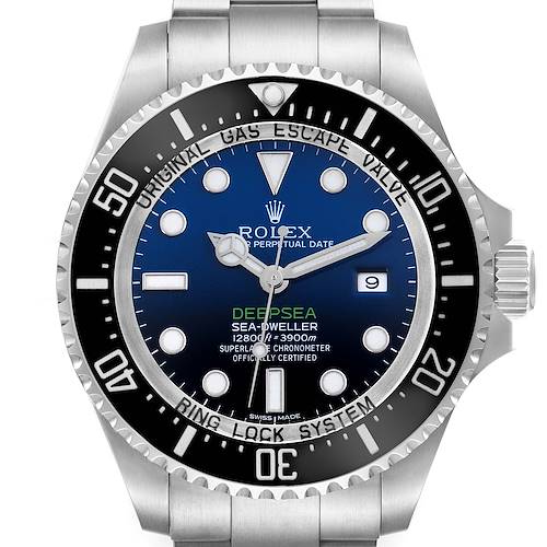 The Rolex Sea-Dweller watch is shown from a front angle, featuring the dial, bezel, and part of the bracelet.