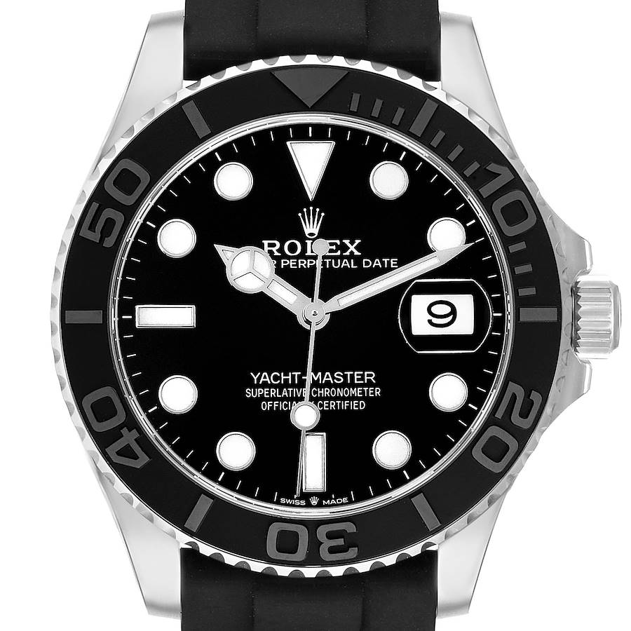 The Rolex Yacht-Master watch is shown from a front angle, displaying its bezel, dial, hands, markers, and crown.
